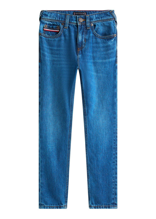 Jean en coton indigo coupe slim avec le patch de la marque à l'arrière