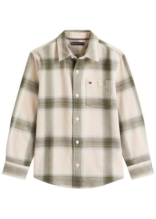 Chemise en coton écrue ornée d'un motif à carreaux avec des manches longues