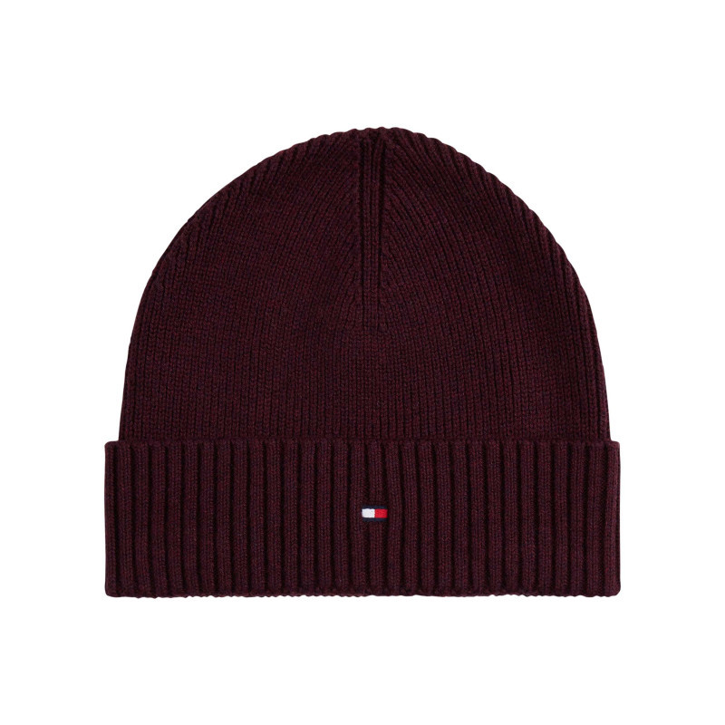 Tommy Hilfiger - Bonnet En Coton Côtelé Bordeaux Uni Avec Un Large Revers - Bordeaux