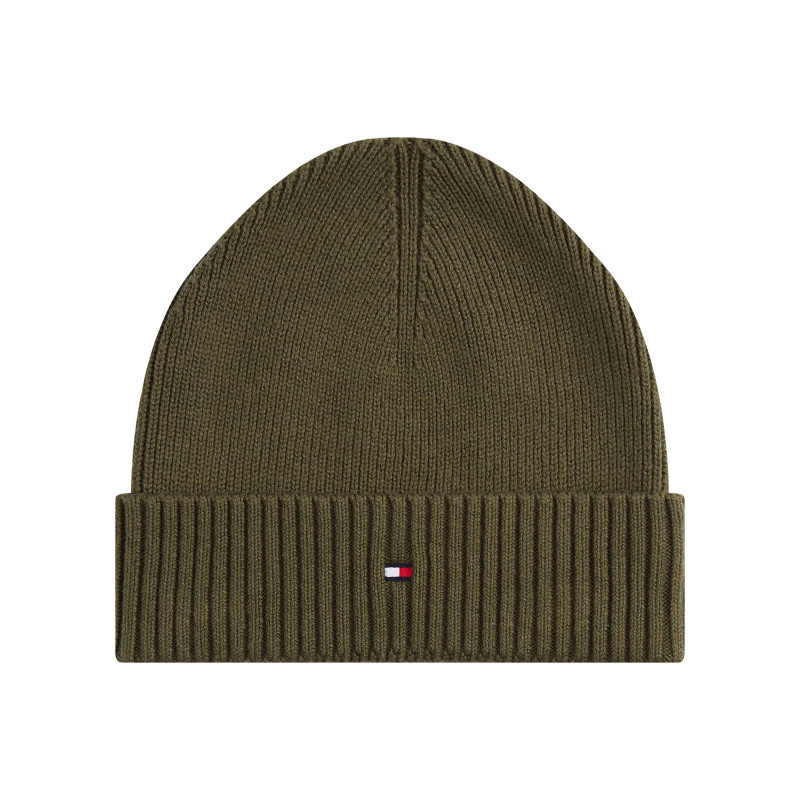 Tommy Hilfiger - Bonnet En Coton Côtelé Kaki Uni Avec Un Large Revers - Kaki