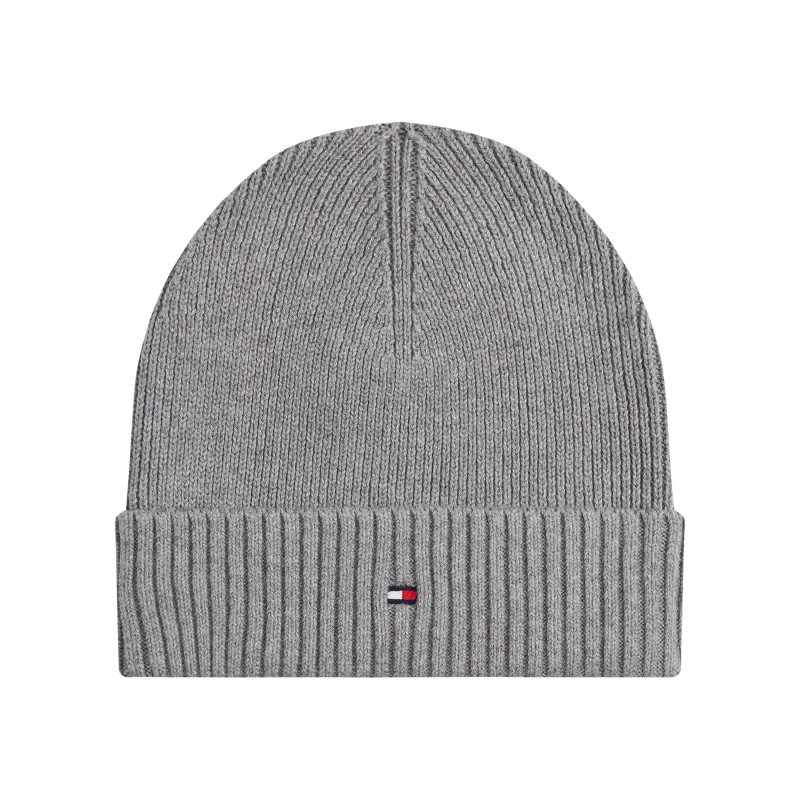 Tommy Hilfiger - Bonnet En Coton Côtelé Gris Uni Avec Un Large Revers - Gris Tommy Hilfiger - Bonnet En Coton Côtelé Gris Uni Avec Un Large Revers - Gris
