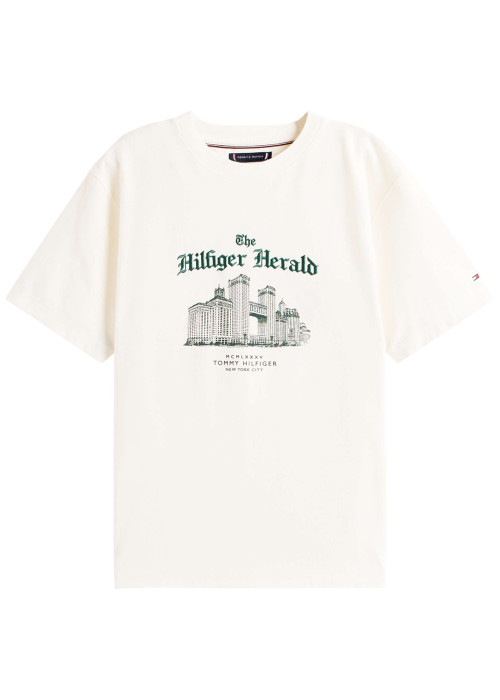 T-shirt en coton écru col rond orné d'un imprimé fantaisie