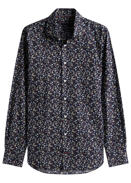Chemise en coton marine ornée d'un motif floral avec un col à rabats