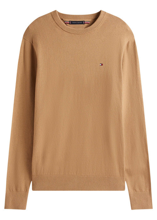 Pull en coton camel uni avec un col rond et des manches longues