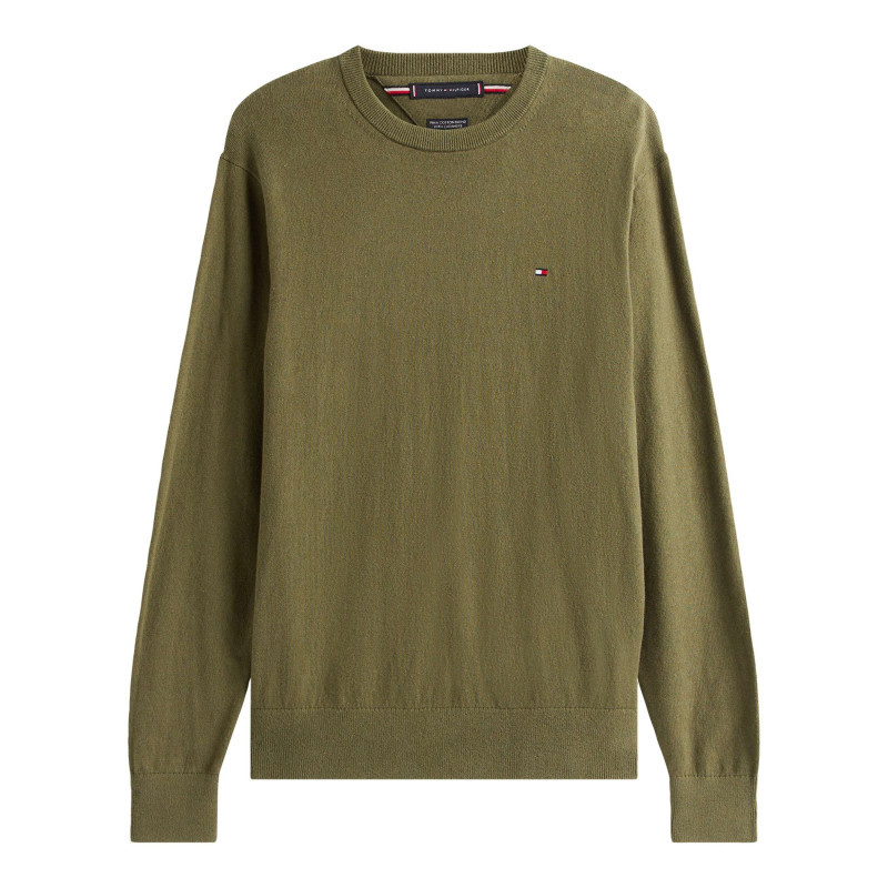 Tommy Hilfiger - Pull En Coton Kaki Uni Avec Un Col Rond Et Des Manches Longues - Kaki