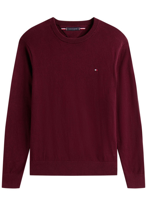 Pull en coton bordeaux uni avec un col rond et des manches longues