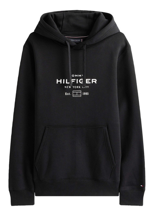 Sweat noir motif fantaisie pourvu d'un col à capuche avec cordons de serrage