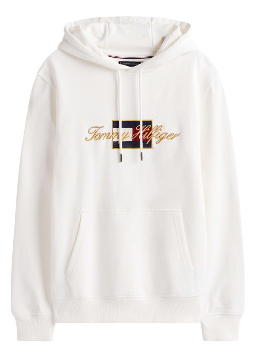 Sweat en coton blanc fantaisie pourvu d'un col à capuche avec cordons de serrage