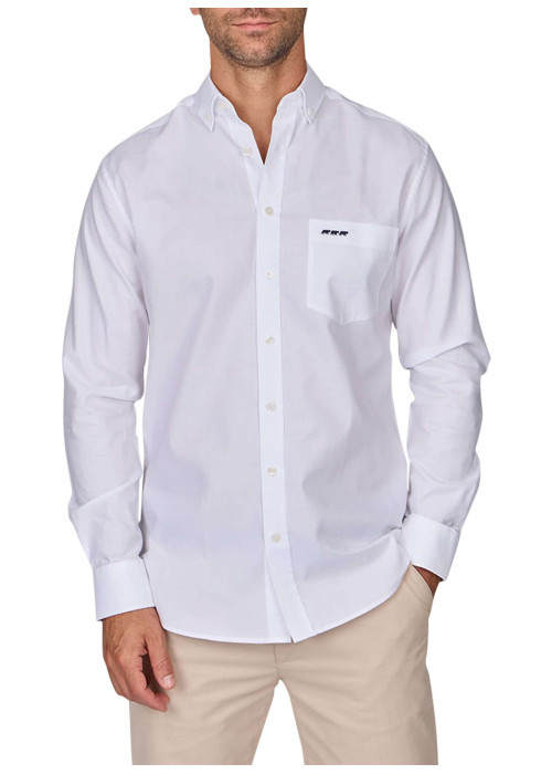 Chemise en coton piqué blanche unie à coupe regular fit et col américain