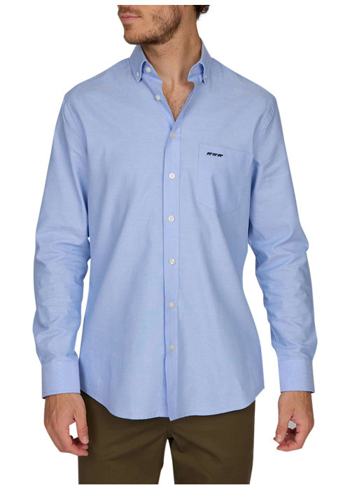 Chemise en coton piqué bleue ciel unie à coupe regular fit et col américain