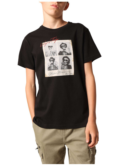 T-shirt en coton noir imprimé avec un col rond et des manches courtes
