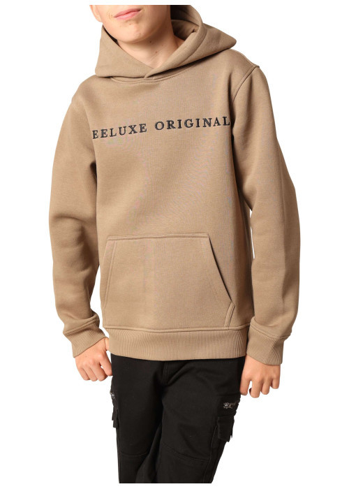 Sweat beige uni avec un col à capuche et une poche traversante