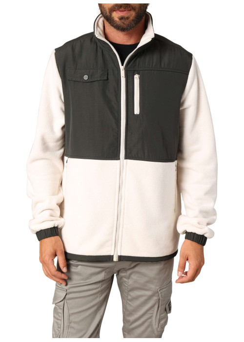 Blouson bi-matière écru et anthracite pourvu de poches plaquées