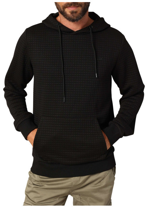 Sweat noir avec un motif quadrillage en relief et un col à capuche