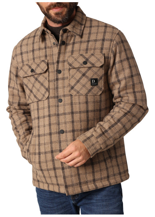 Surchemise taupe motif écossais avec un col à rabats et des manches longues