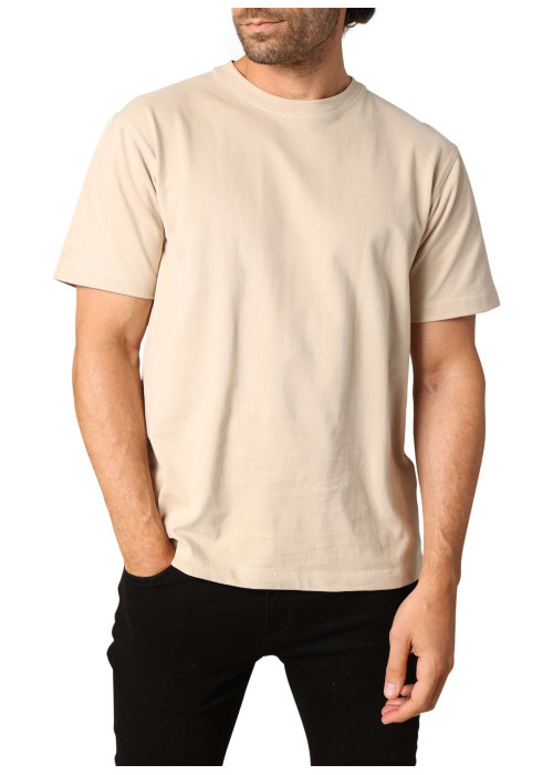 T-shirt en coton beige uni avec un col rond et des manches courtes
