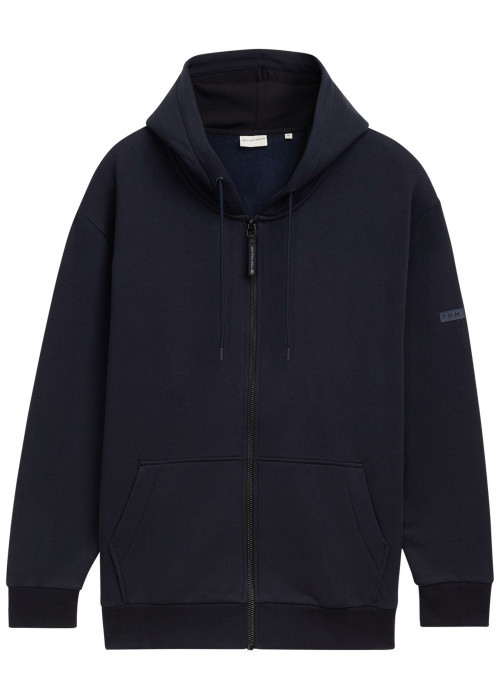 Sweat zippé en coton mélangé marine uni avec un col à capuche