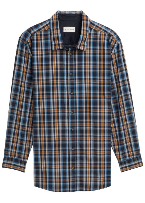 Chemise en coton mélangé marine carreaux avec une coupe droite à col français
