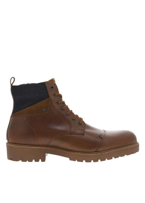 Bottines en cuir cognac à talon décroché bas avec zip et lacets ronds