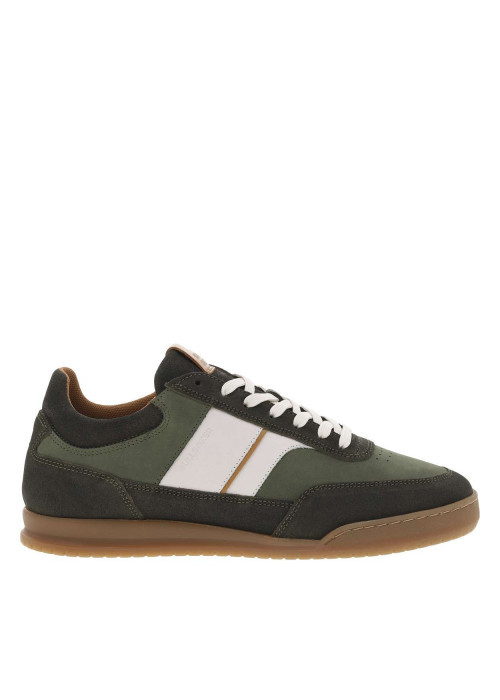 Tennis en cuir kaki à talon plat avec des lacets plats blancs