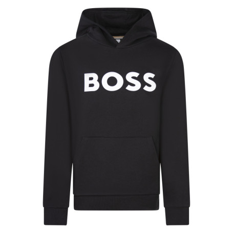 Sweat noir uni avec un col à capuche et un logo...