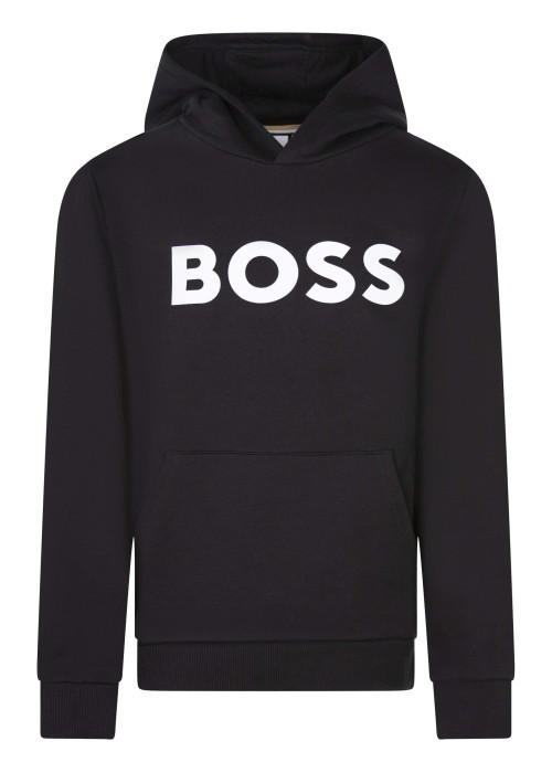 Sweat noir uni avec un col à capuche et un logo sur le torse