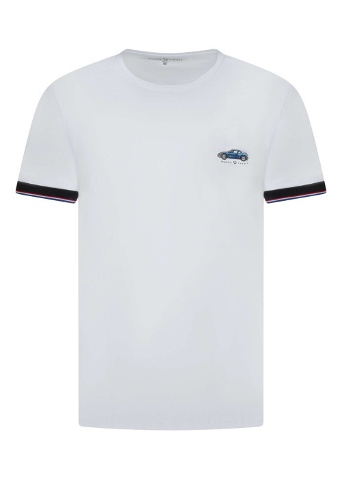 T-shirt en coton blanc uni à col rond avec une petite voiture brodée