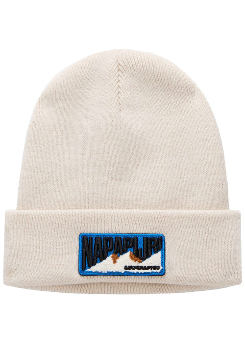 Bonnet écru en maille fine avec patch iconique brodé sur le revers