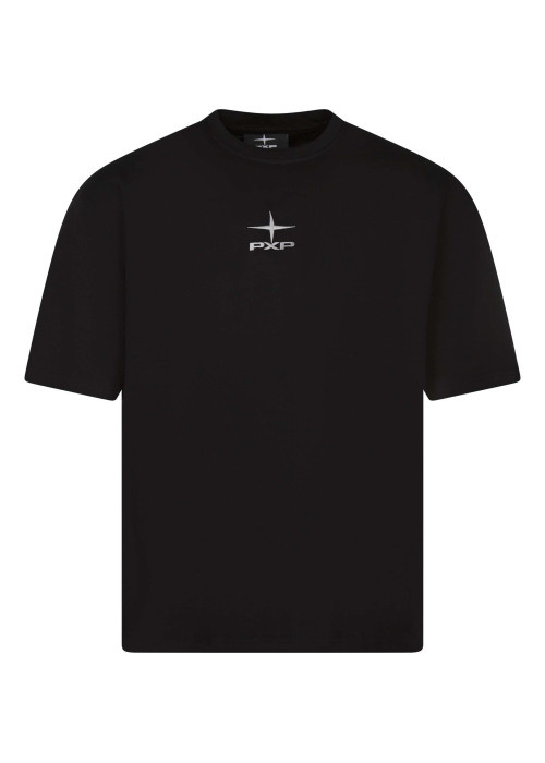 T-shirt en coton noir avec un logo brodé à col rond et à manches courtes