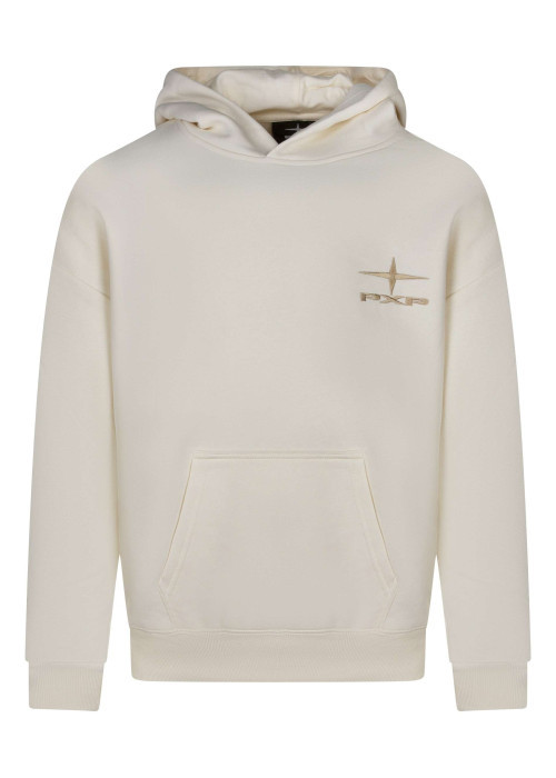 Sweat à capuche en coton écru uni à coupe droite avec le logo brodé
