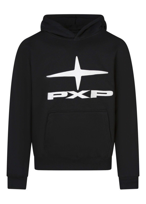 Sweat noir brodé col à capuche et élastiqué aux manches et à la taille