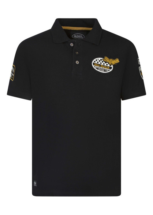 Polo en coton noir uni maille piquée à coupe regular fit avec des patchs