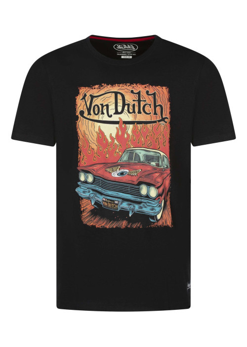T-shirt en coton noir avec des flammes imprimées à l'avant et un col rond