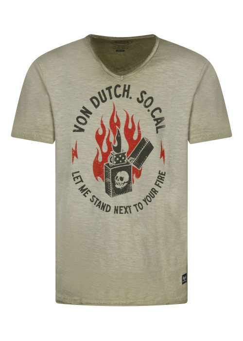 T-shirt en coton kaki clair chiné avec un briquet imprimé et un col v vintage