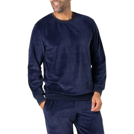 Pyjama long en coton mélangé bleu marine en...