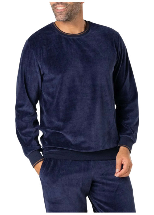 Pyjama long en coton mélangé bleu marine en velours à col rond
