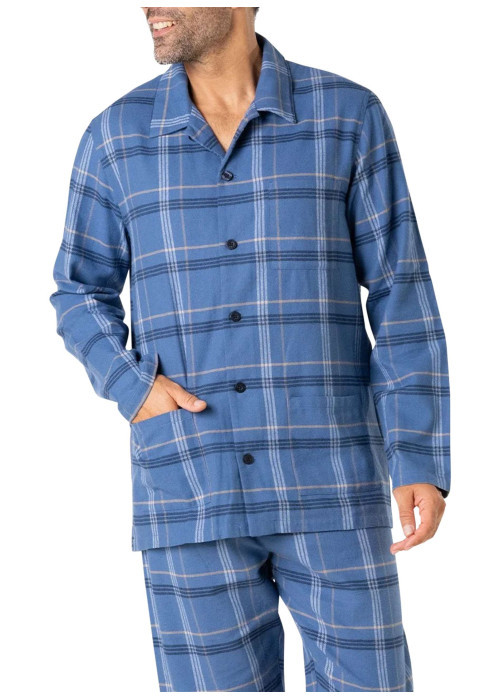 Pyjama long en coton bleu à carreaux avec un col chemise et des poches