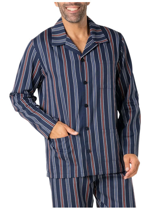 Pyjama long en coton bleu marine à rayures avec un col cubain et des poches