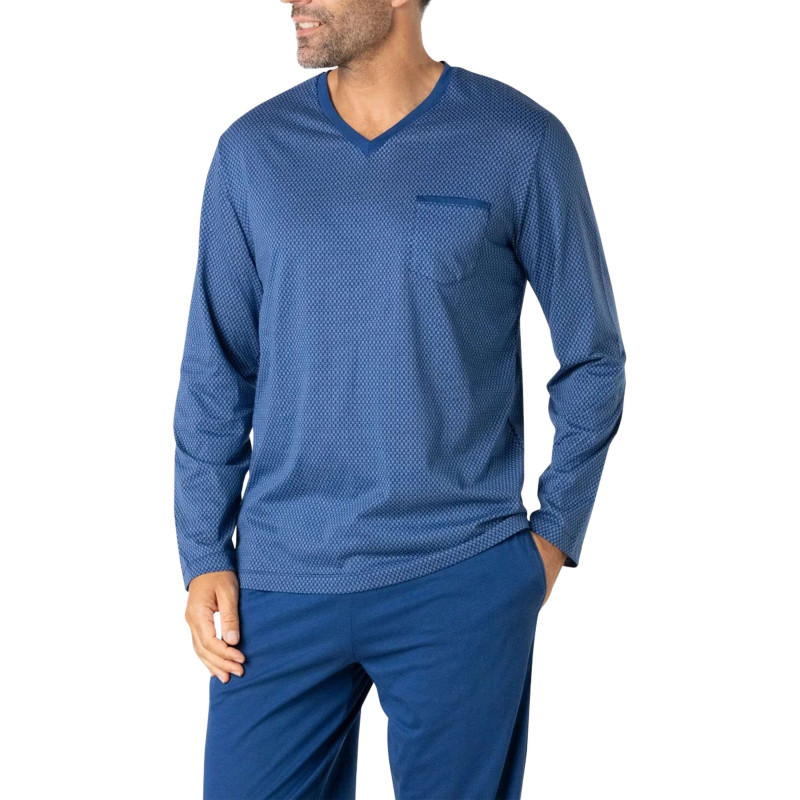 Eminence - Pyjama Long En Coton Bleu à Minis Motifs Avec Un Col V Et Une Poche - Bleu