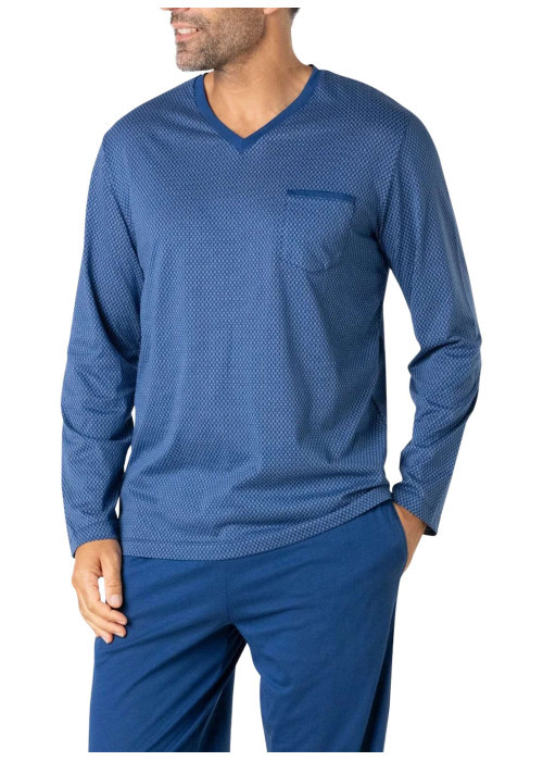 Pyjama long en coton bleu à minis motifs avec un col v et une poche