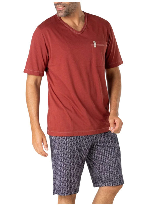 Pyjama court en coton rouge brique à petits motifs avec un col v