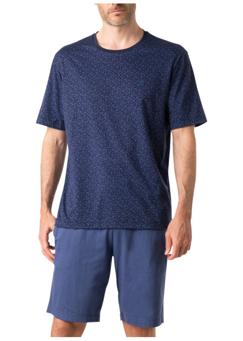 Pyjama court en coton bleu marine à minis motifs avec un col rond