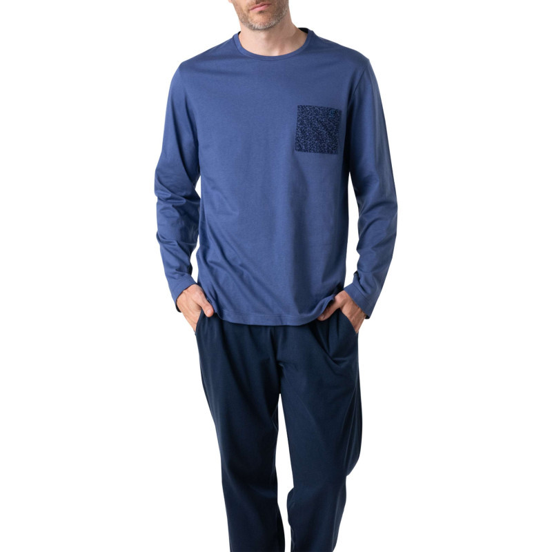 Eminence - Pyjama Long En Coton Bleu Uni à Col Rond Avec Une Poche Plaquée - Bleu