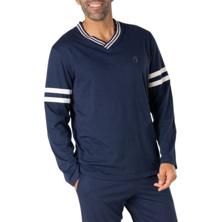 Pyjama long en coton bleu marine uni à col v...