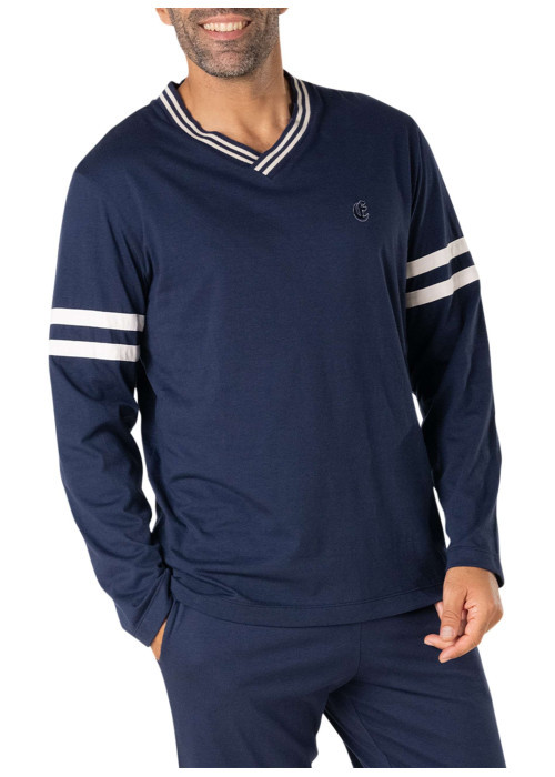 Pyjama long en coton bleu marine uni à col v avec des liserés