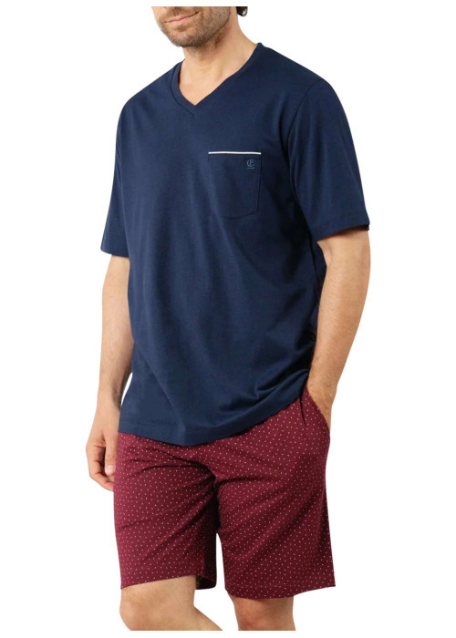 Pyjama court en coton bleu marine à col v avec des minis motifs sur le short