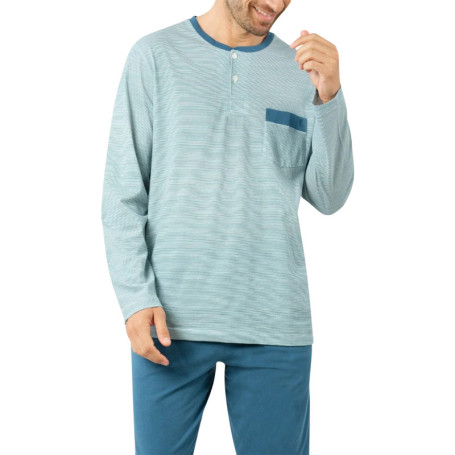 Pyjama long en coton bleu clair à rayures avec...
