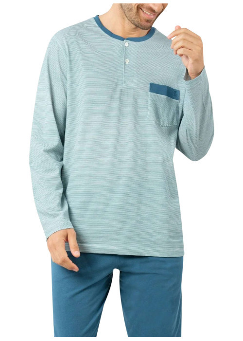Pyjama long en coton bleu clair à rayures avec un col tunisien