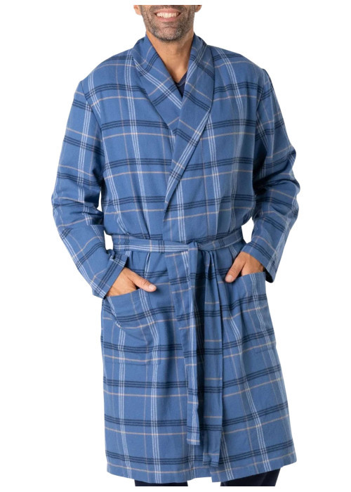 Robe de chambre mi-longue en coton bleue à carreaux avec une ceinture