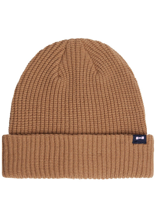Bonnet beige en maille tricotée orné du patch de la marque